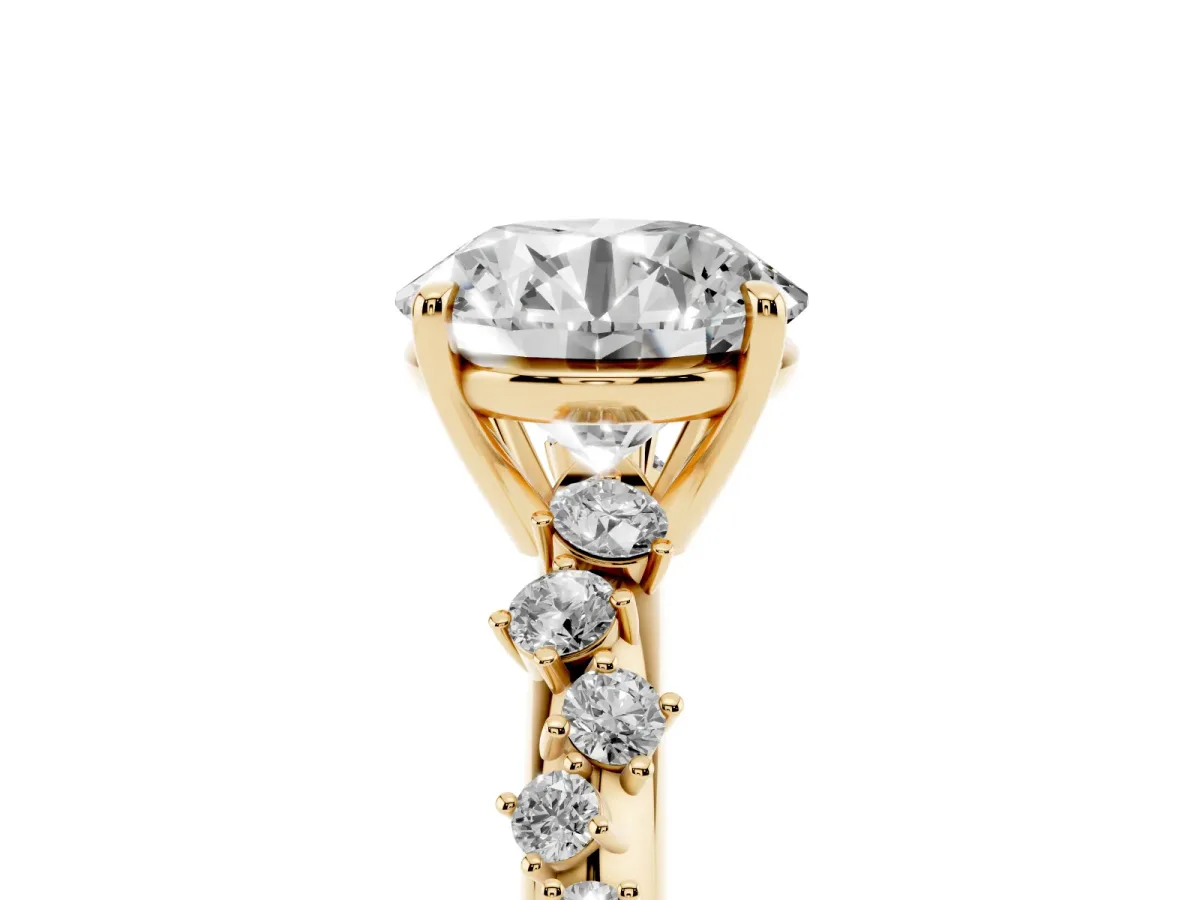 Round Cut Diamond Cluster Side Stone Solitaire Ring with Prong Setting Yellow gold