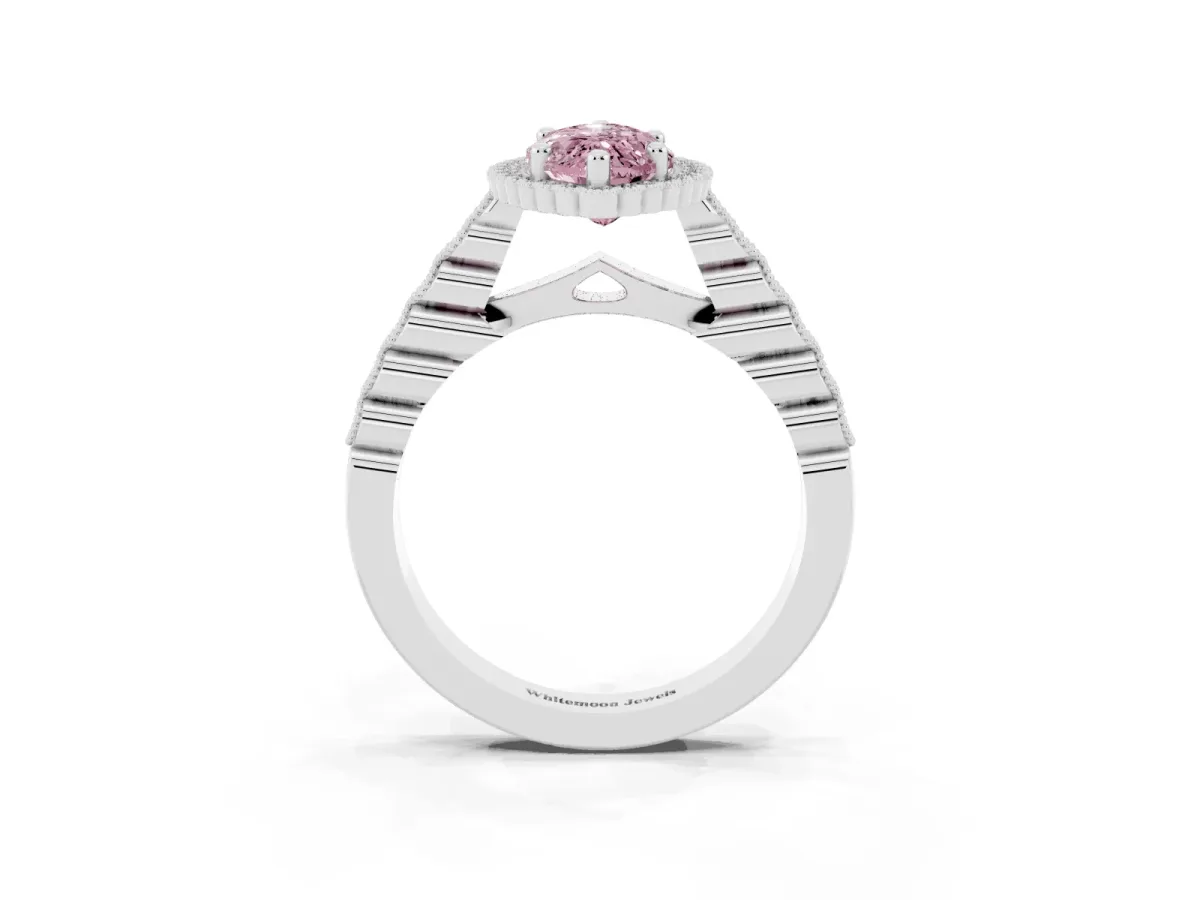 Fancy Pink Marquise Cut Cut Halo Pavé Solitaire Ring with Milgrain Band Platinum