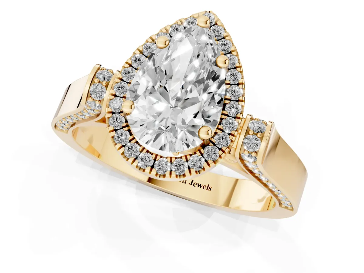 Pear Cut Halo Pave Split Shank Prong Setting Ring Yellow gold