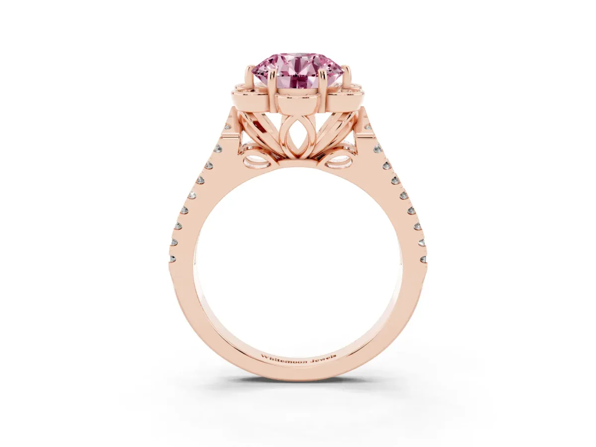 Fancy Pink Round Cut Halo Diamond Floral Split Shank Engagement Ring Rose gold