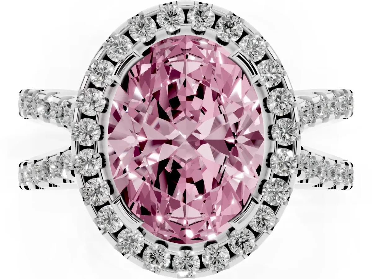 Fancy Pink Oval Cut Diamond Halo Ring with Split Shank Pavé Band and Prong Setting Silver