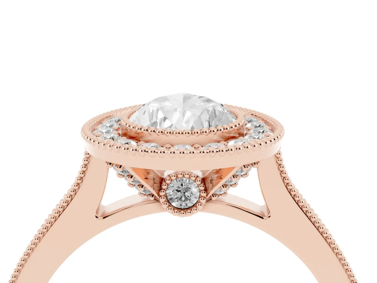 Halo Pear Cut-Cut Diamond Pave Band Milgrain Prong Setting Ring Rose gold