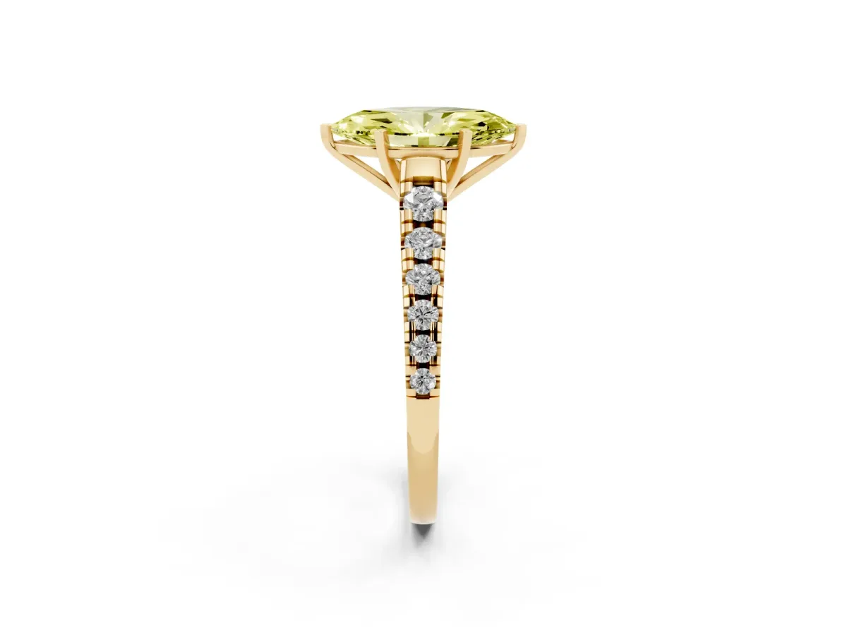 Fancy Yellow Marquise Cut Diamond Cathedral Solitaire Ring with Round Pavé Band Yellow gold