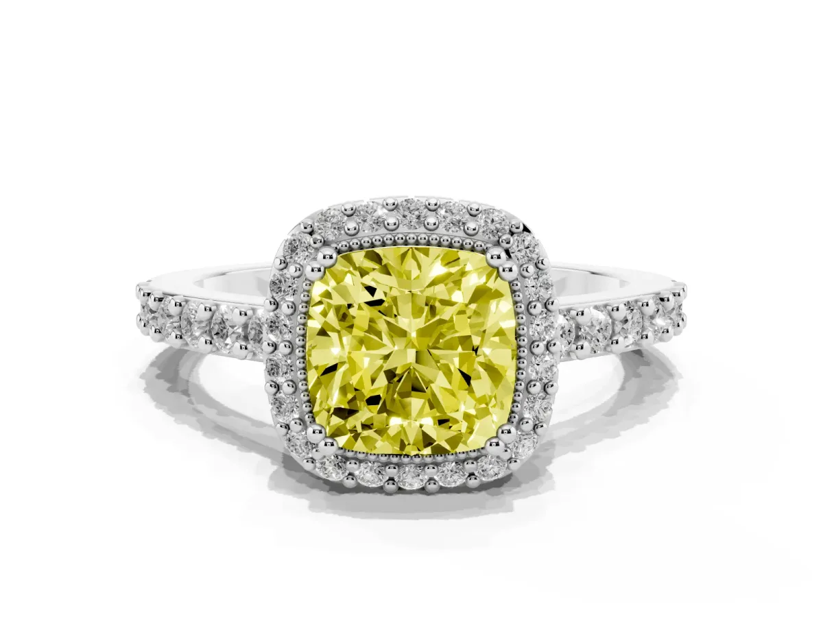 Fancy Yellow Cushion Cut Cut Diamond Halo Engagement Ring with Milgrain Detail and Pavé Band Platinum