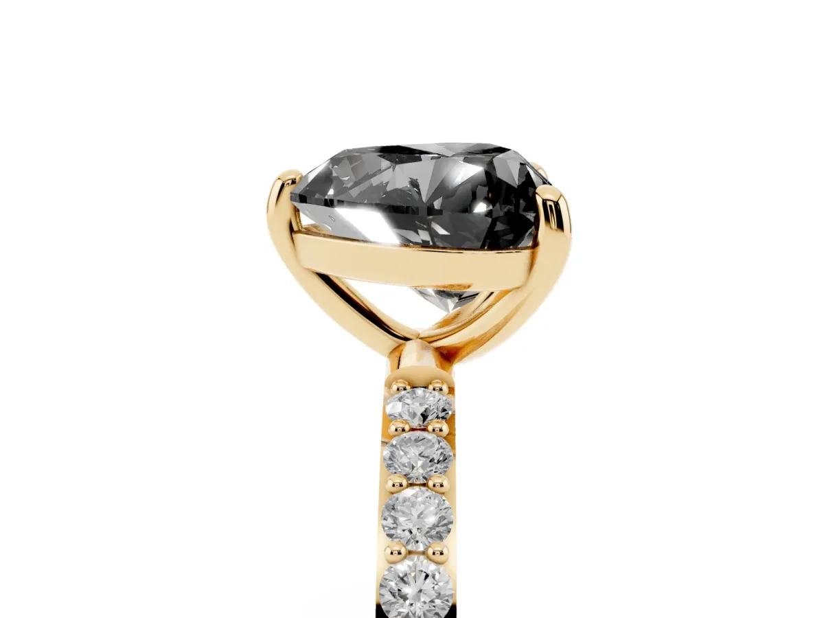 Fancy Black Heart Cut Diamond Solitaire Ring with Round Pavé Band and Prong Setting Yellow gold