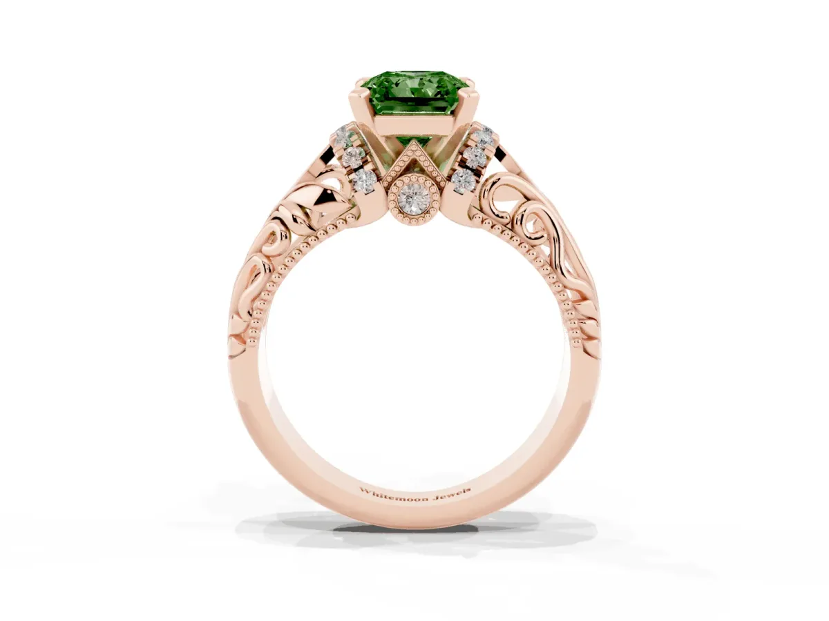 Fancy Green Radiant Cut Solitaire Filigree Engagement Ring with Halo and Prong Setting Rose gold