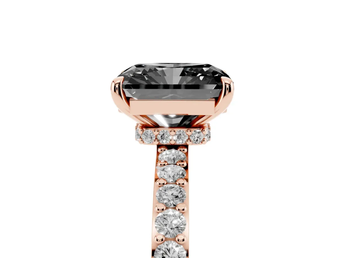 Fancy Black Radiant Cut Diamond Pavé Engagement Ring with Round Accents and Prong Setting Rose gold
