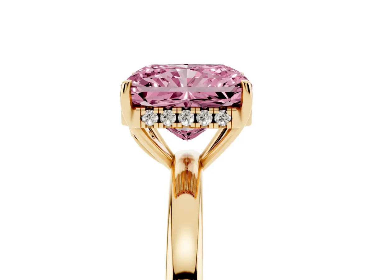 Fancy Pink Radiant Cut Solitaire Diamond Ring with Prong Setting and Plain Band Yellow gold