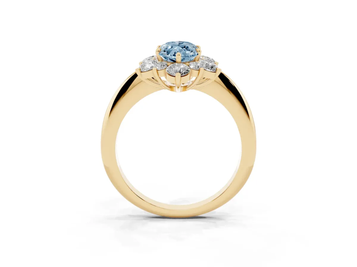 Fancy Blue Marquise Cut Diamond Cluster Halo Ring with Solitaire Band and Four-Prong Setting Yellow gold