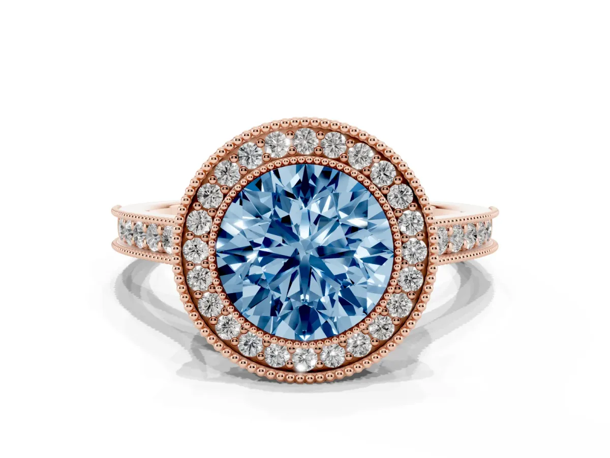 Fancy Blue Halo Round Cut-Cut Diamond Pave Band Milgrain Prong Setting Ring Rose gold