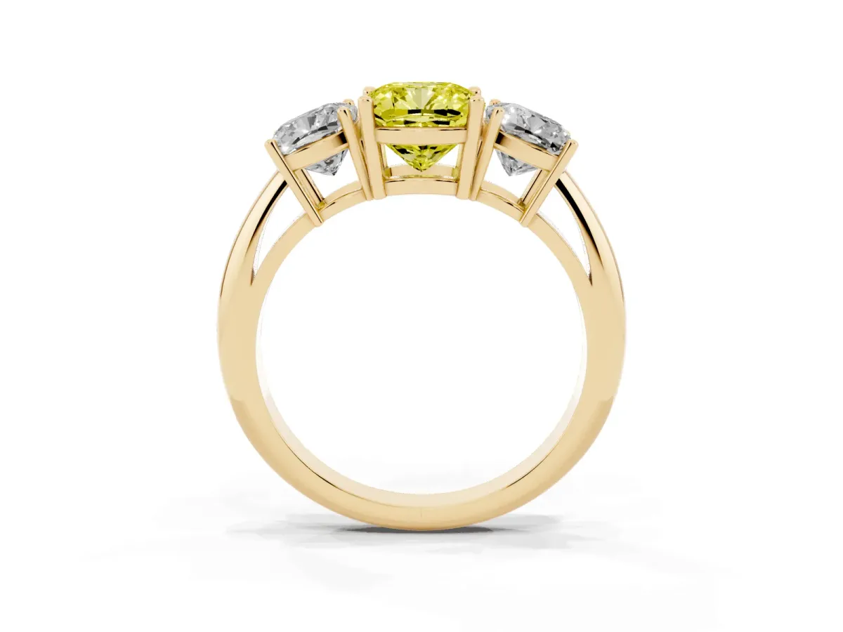 Fancy Yellow Three-Stone Cushion Cut Cut Diamond Engagement Ring with Prong Setting on a White Gold Band Yellow gold