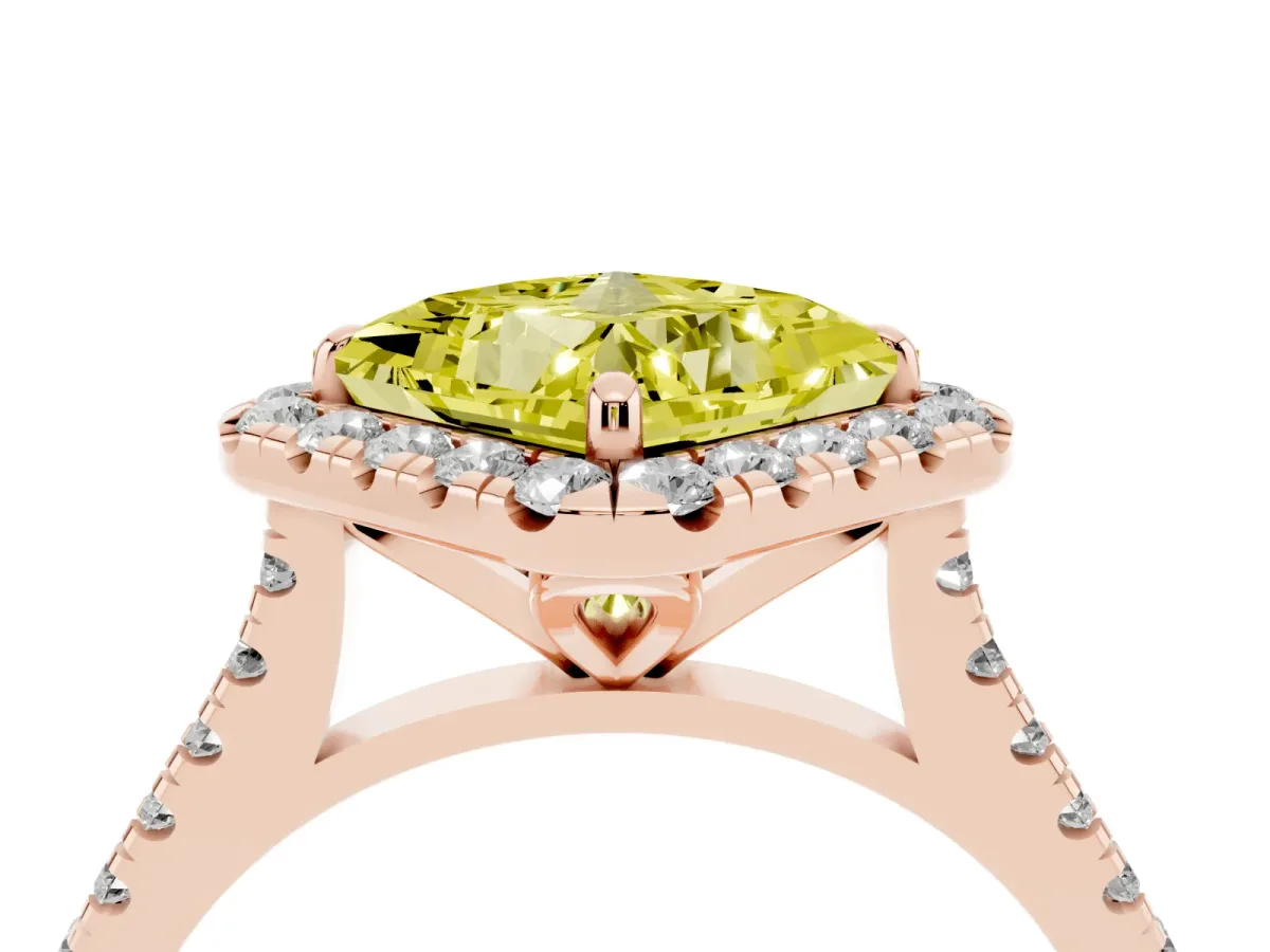 Fancy Yellow Princess Cut Diamond Cushion Halo Ring with Pavé Band Rose gold