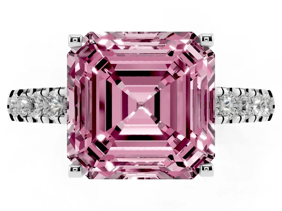 Fancy Pink Asscher Cut Diamond Pavé Band Solitaire Ring with Prong Setting Platinum
