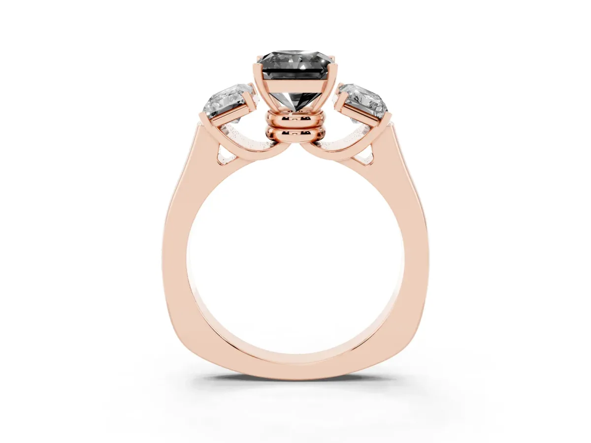 Fancy Black Three-Stone Radiant Cut Brilliant Diamond Trellis Ring with Comfort Fit Band Rose gold