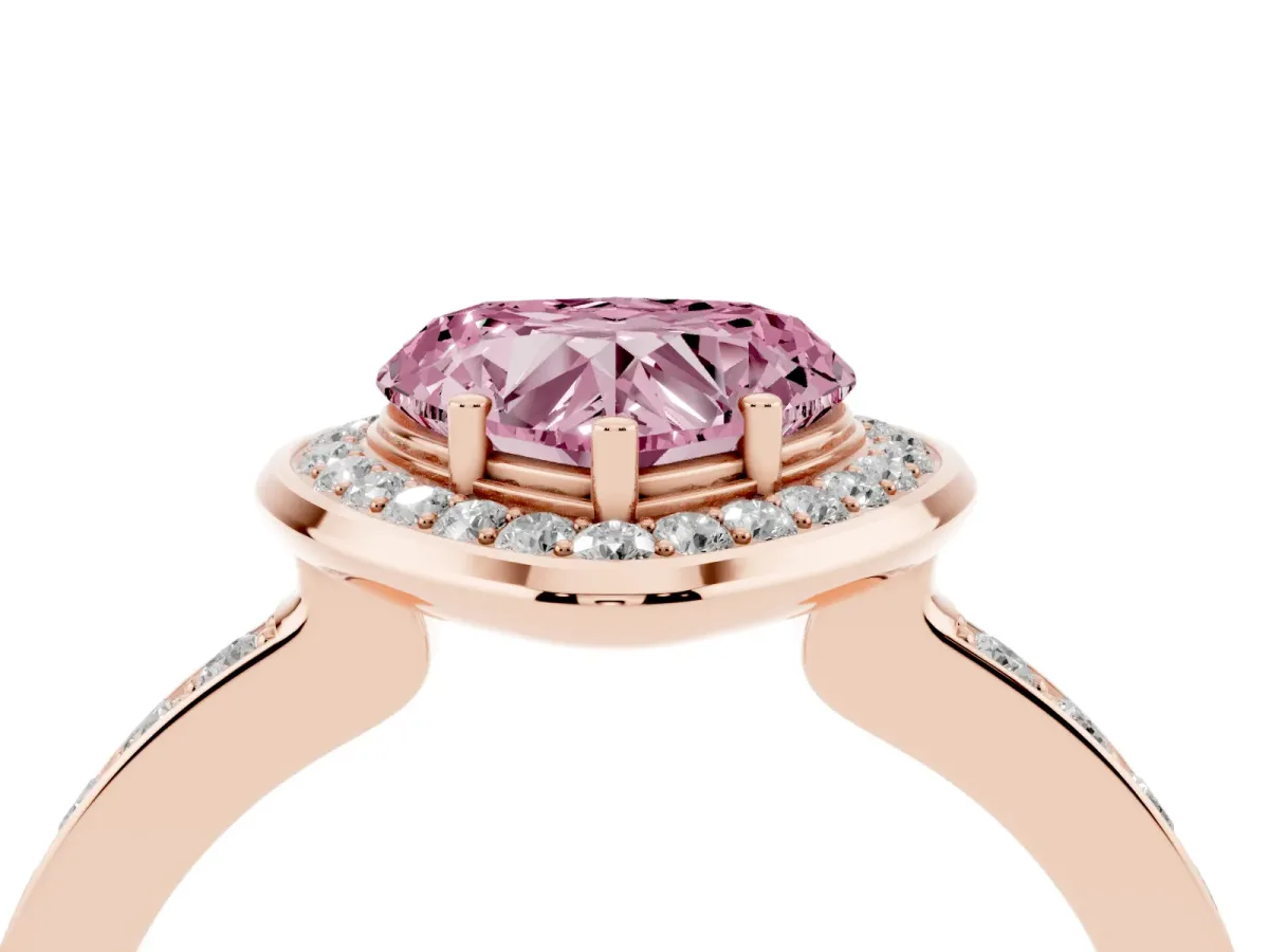 Fancy Pink Heart Cut Diamond Halo Ring with Bezel Frame and Pavé Band Rose gold