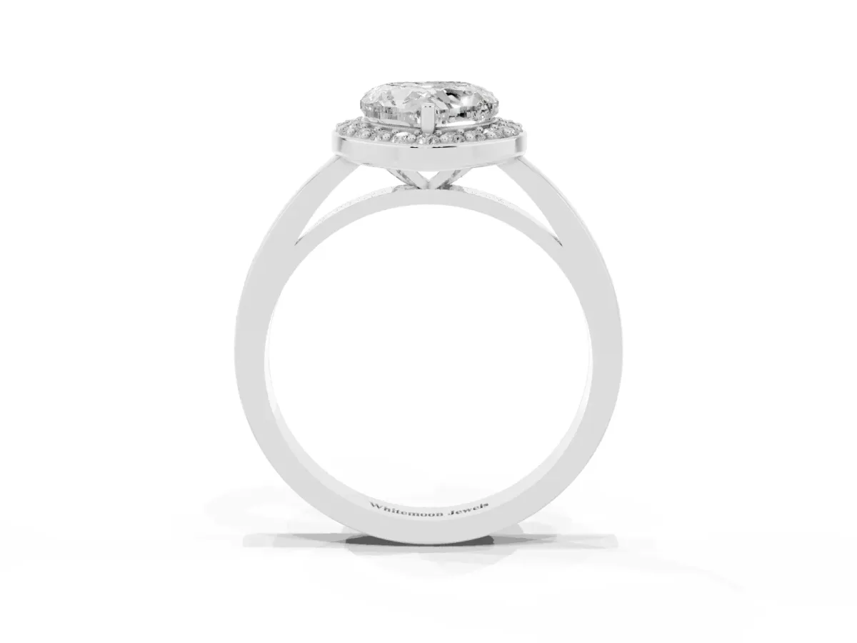 Heart Cut Halo Diamond Ring with Solitaire Band and Prong Setting Silver
