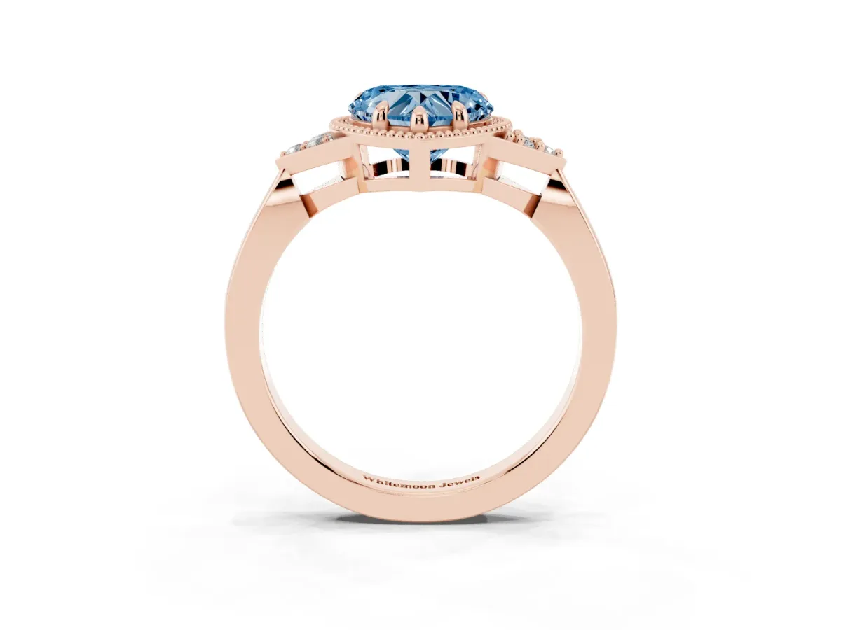 Fancy Blue Hexagonal Halo Heart Cut Diamond Solitaire with Pavé Band and Four-Prong Setting Rose gold