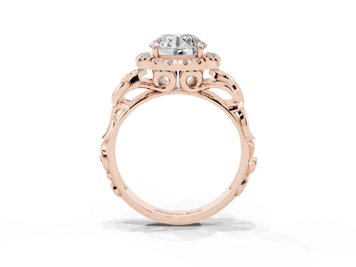 Round Cut Cut Halo Diamond Ring with Scrollwork Band and Four-Prong Setting Rose gold