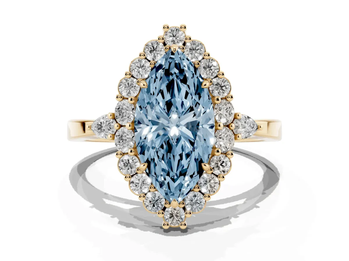 Fancy Blue Marquise Cut Diamond Halo Ring with Pear Side Stones and Prong Setting Yellow gold