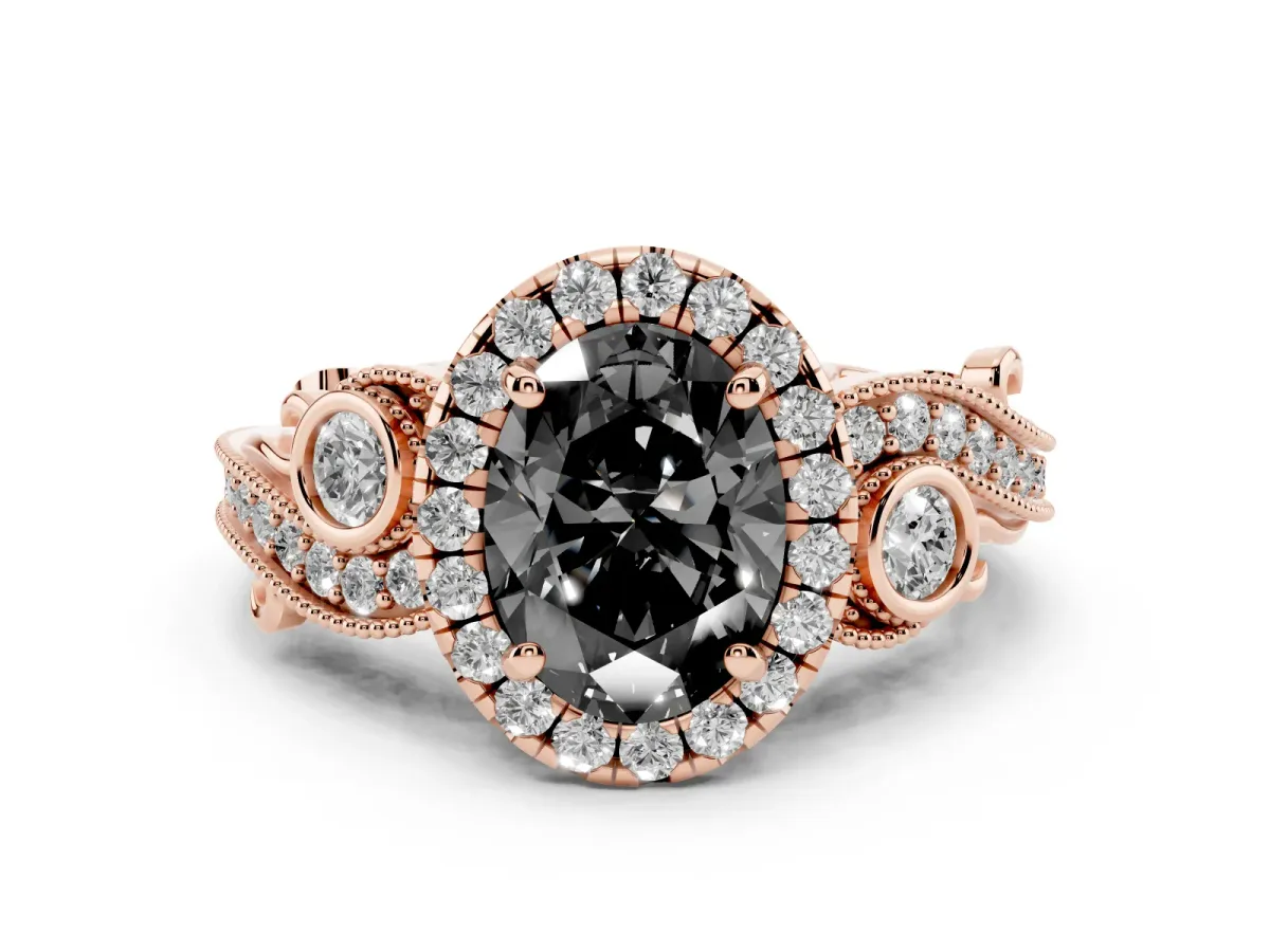 Fancy Black Oval Cut Halo Diamond Ring with Milgrain and Bezel Accents on a Split Shank Band Rose gold