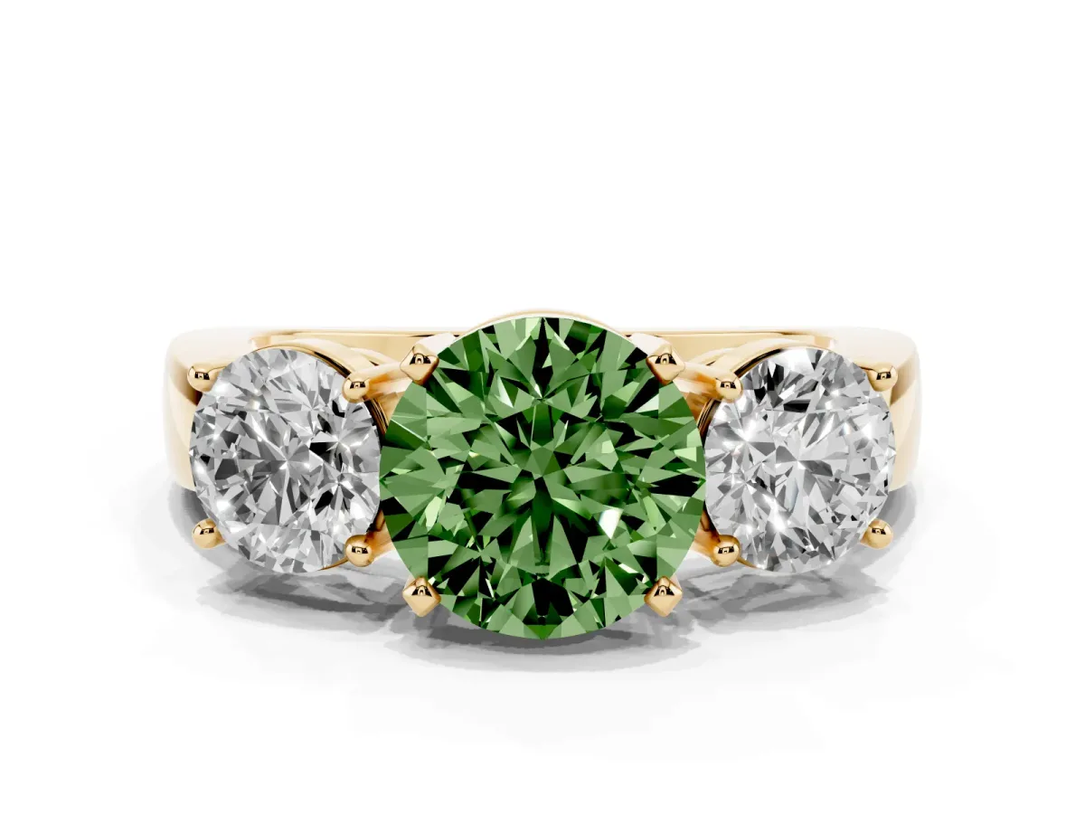 Fancy Green Three-Stone Round Cut Diamond Ring with Round Side Stones, Classic Band, and Four-Prong Setting Yellow gold