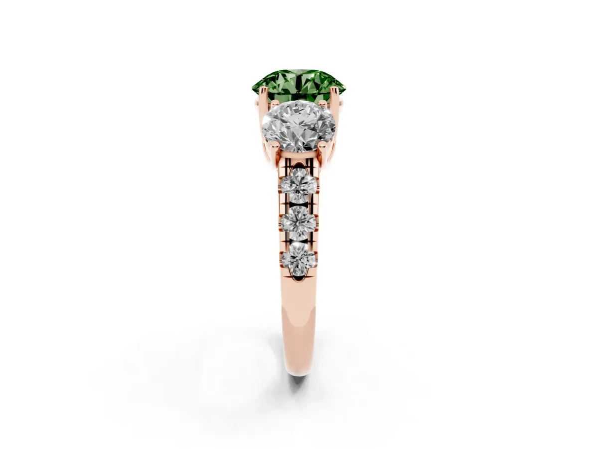 Fancy Green Three-Stone Round Cut Diamond Pavé Band with Prong Setting Rose gold