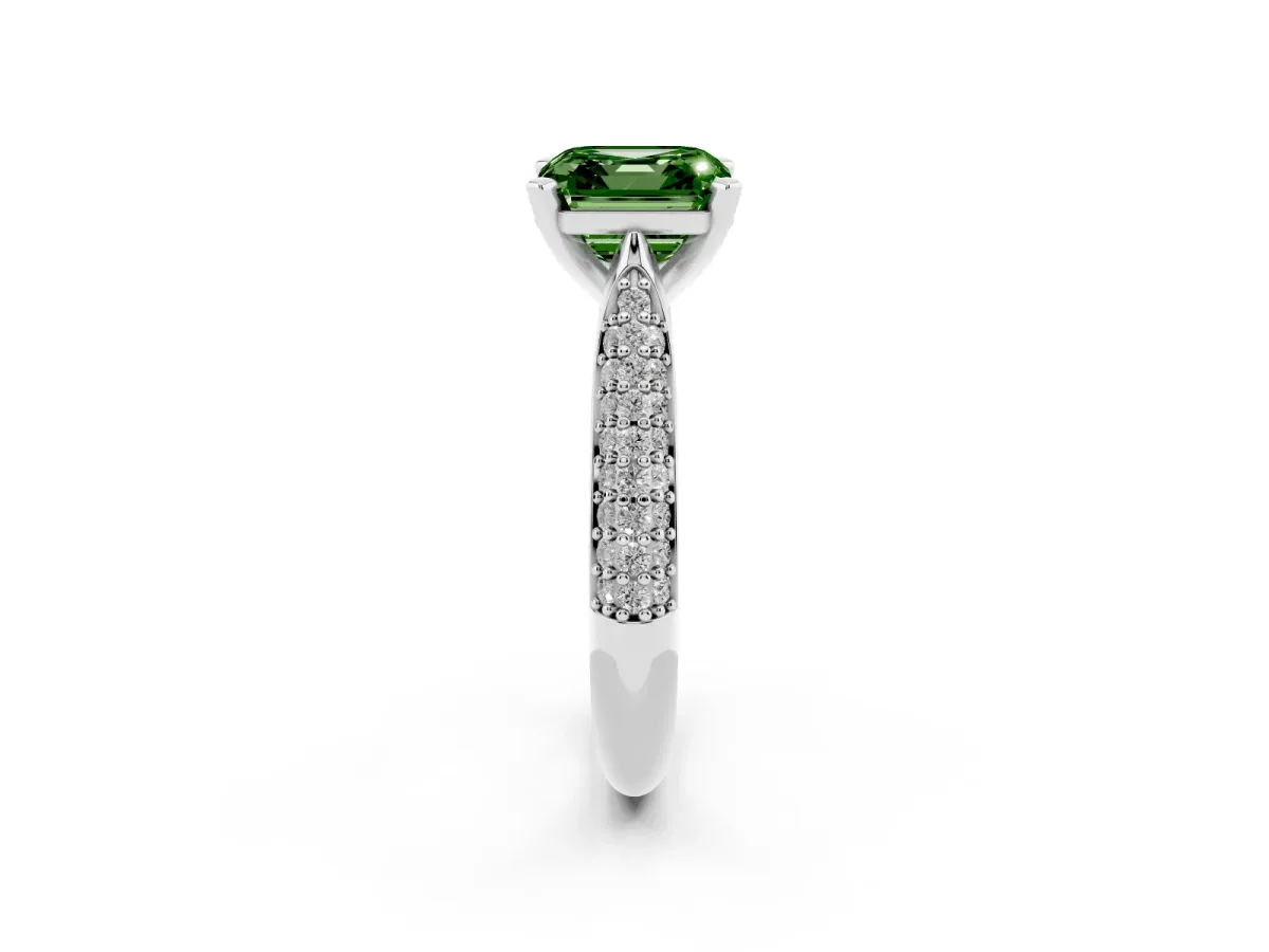 Fancy Green Asscher Cut Diamond Solitaire Engagement Ring with Multi-Row Round Pavé Band and Prong Setting Silver