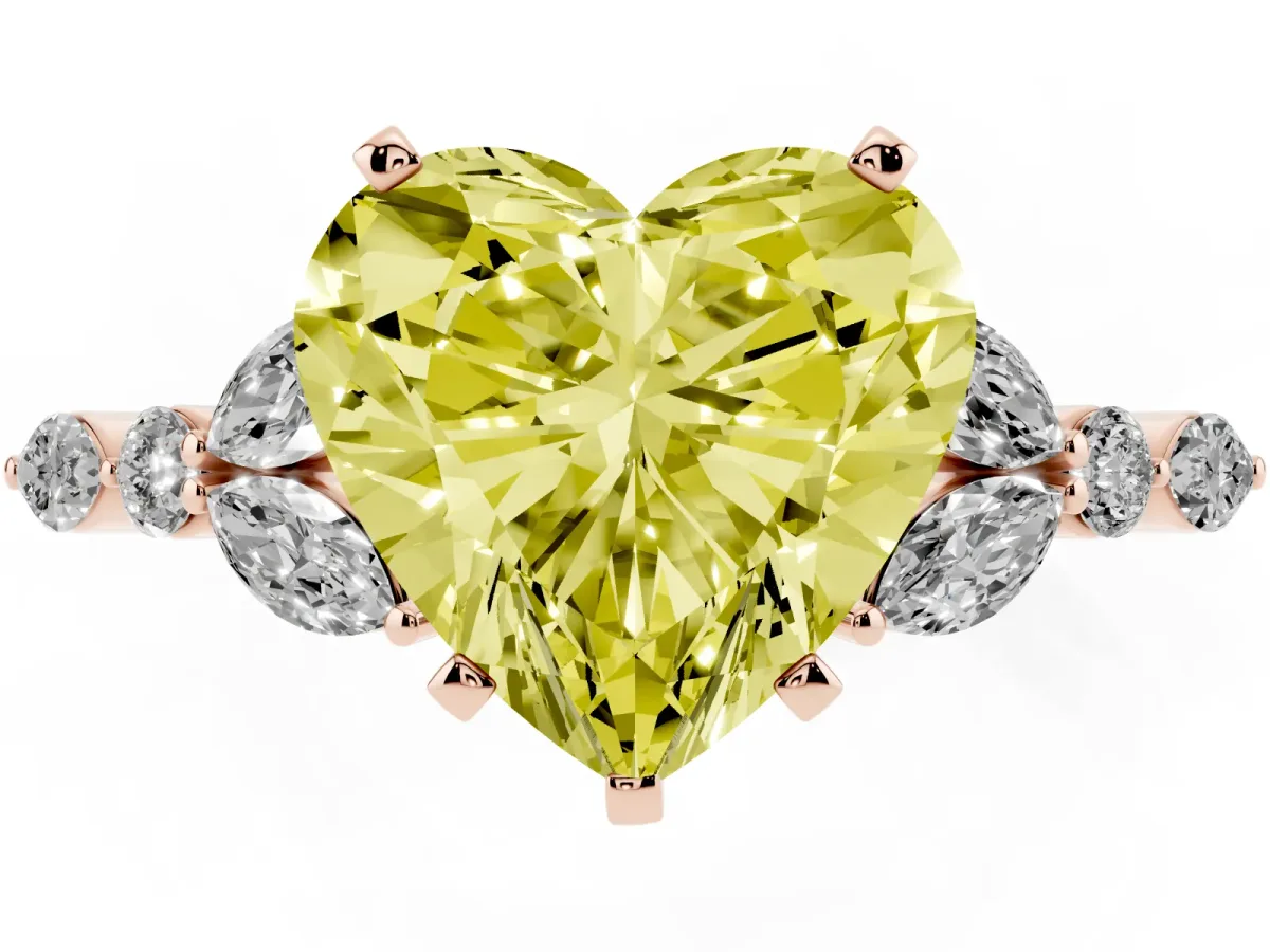 Fancy Yellow Heart Cut Diamond Solitaire Ring with Side Stones and Four-Prong Setting Rose gold