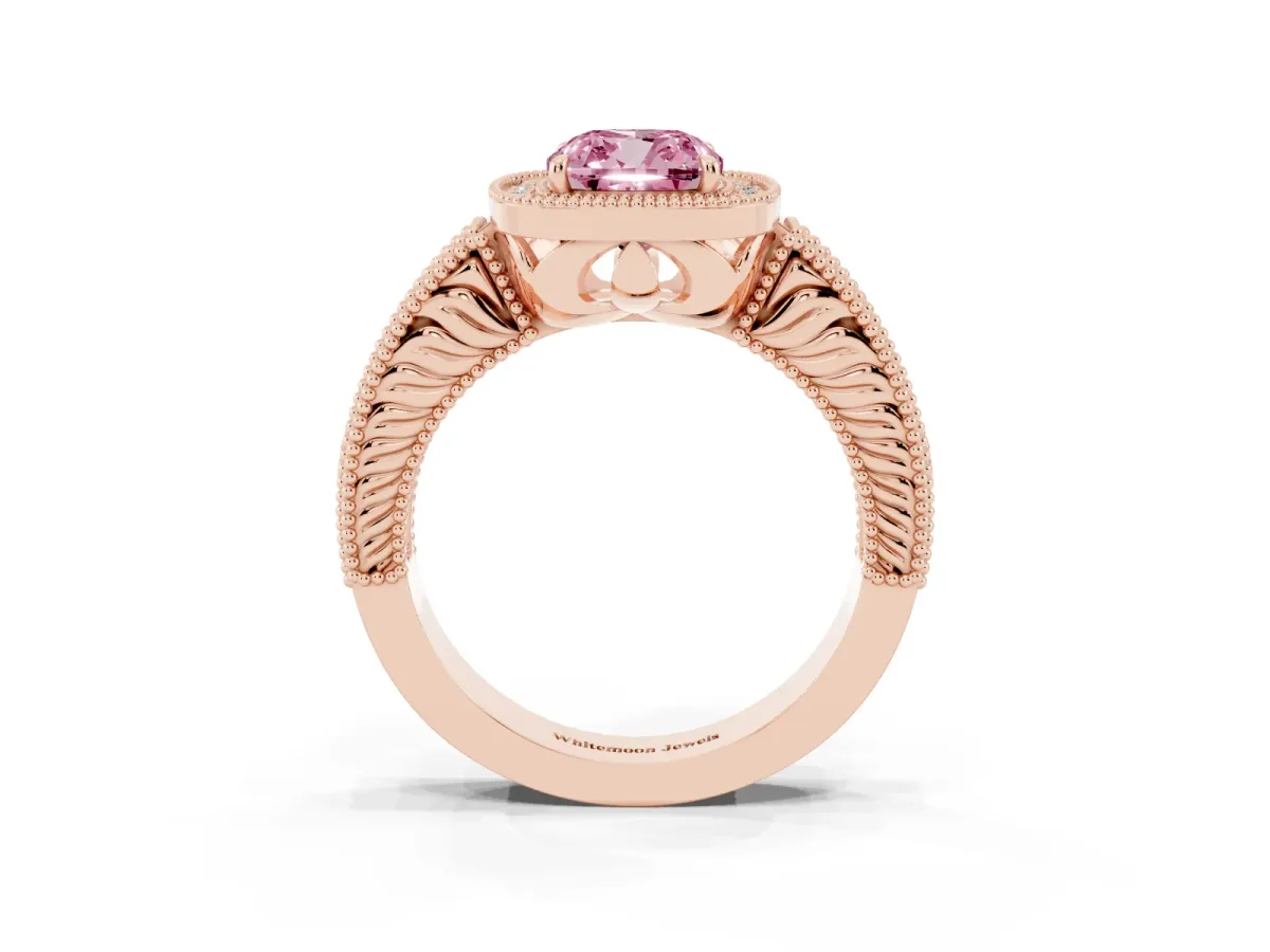 Fancy Pink Cushion Cut Cut Halo Diamond Ring with Pavé Band and Four-Prong Setting Rose gold