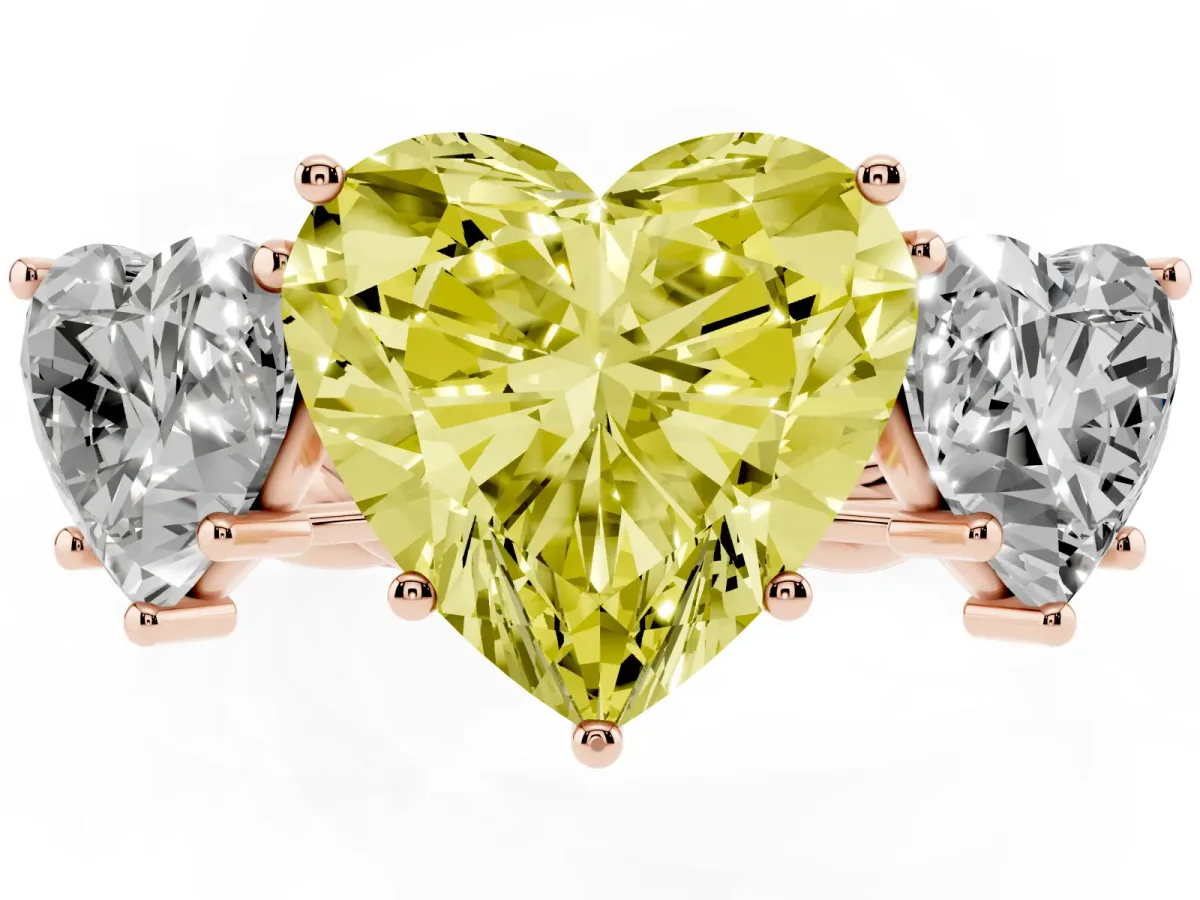 Fancy Yellow Three-Stone Heart Cut Diamond Braided Band Ring with Four-Prong Setting Rose gold