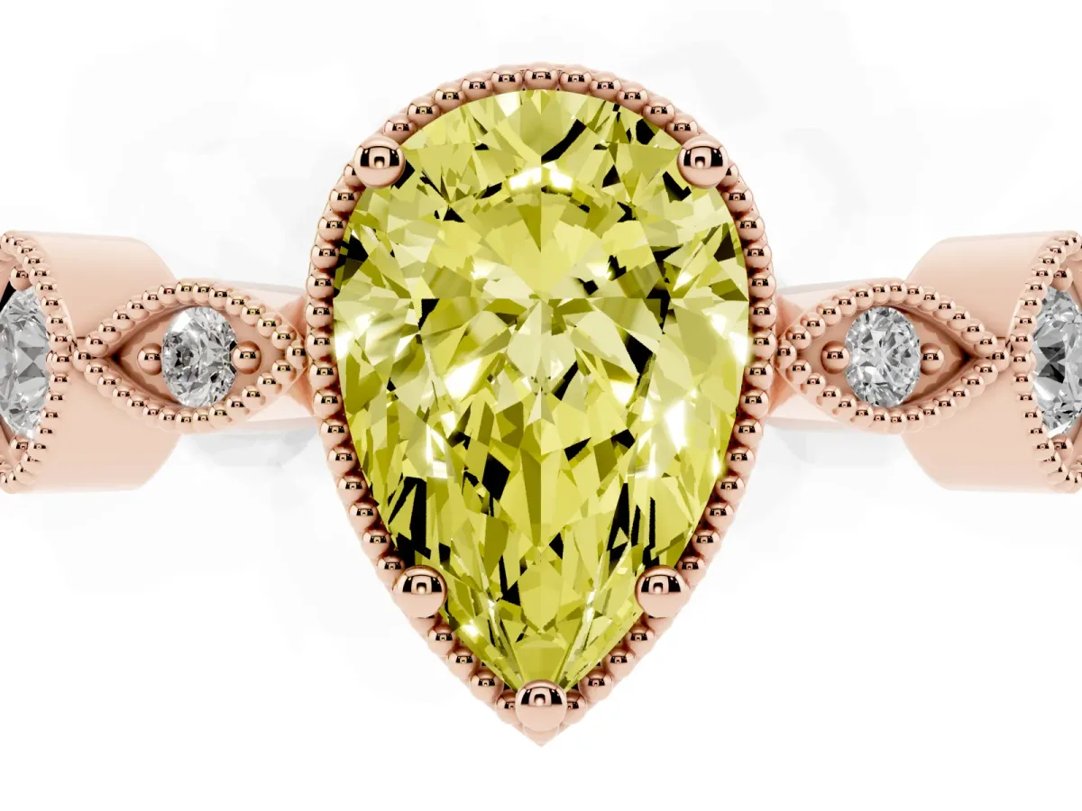 Fancy Yellow Pear Cut Diamond Vintage Milgrain Ring with Round Stations Rose gold