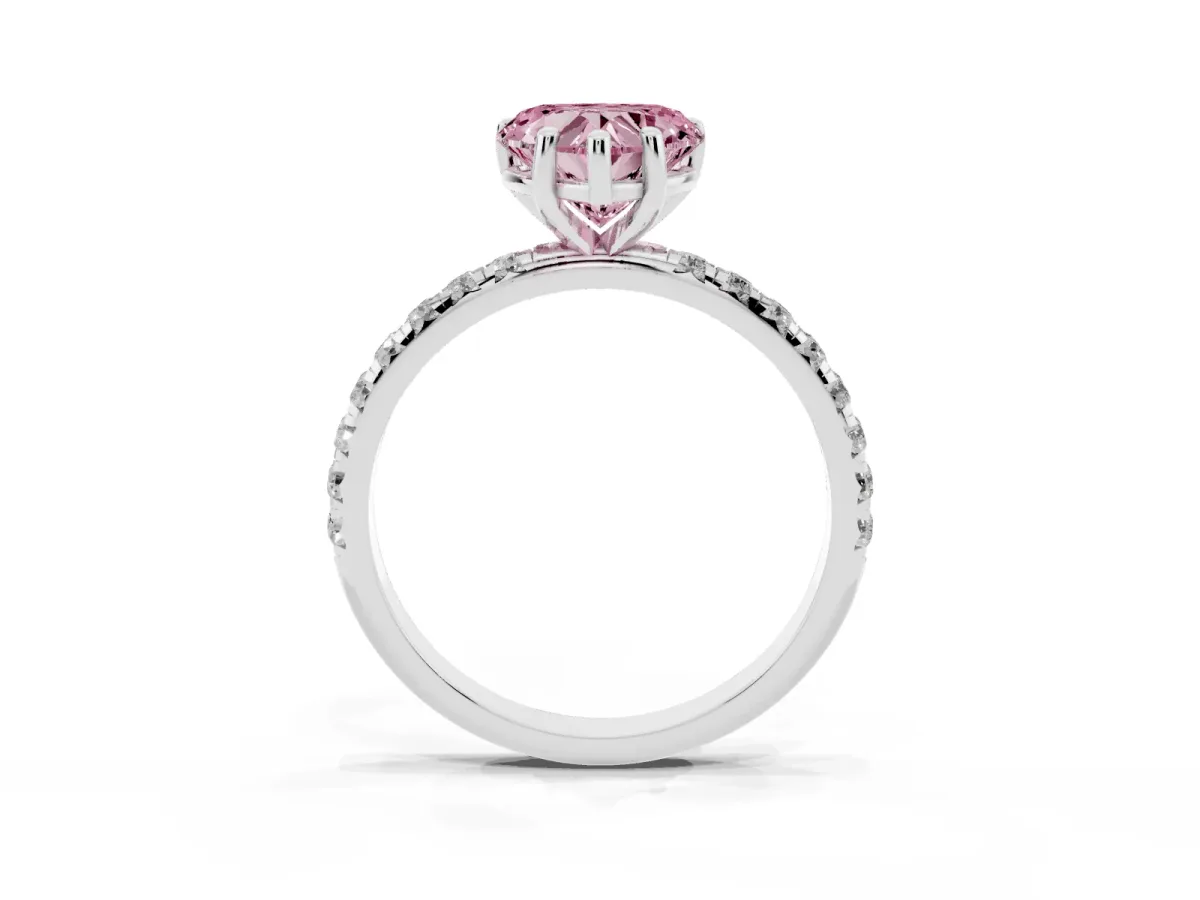 Fancy Pink Heart Cut Cut Diamond Solitaire Ring with Micro Pave Band and Four Prong Setting Platinum