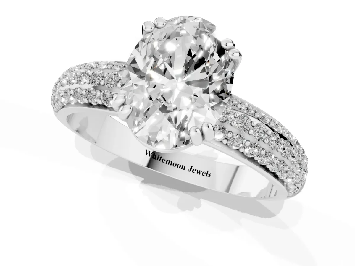 Oval Cut Diamond Solitaire Ring with Multi-Row Round Pavé Band and Prong Setting Silver