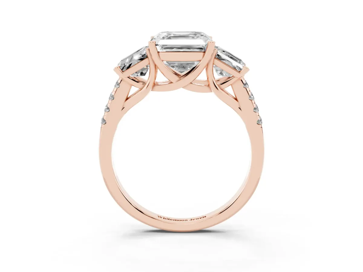 Three-Stone Asscher Cut Diamond Ring with Round Pavé Band and Prong Setting Rose gold