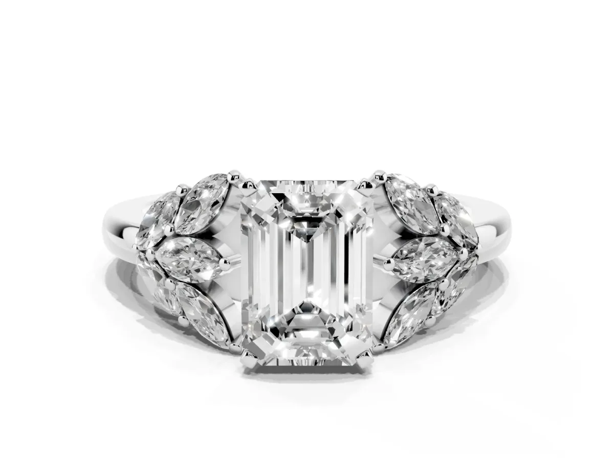 Emerald Cut Diamond Cluster Leaf Design Ring with Prong Setting White gold