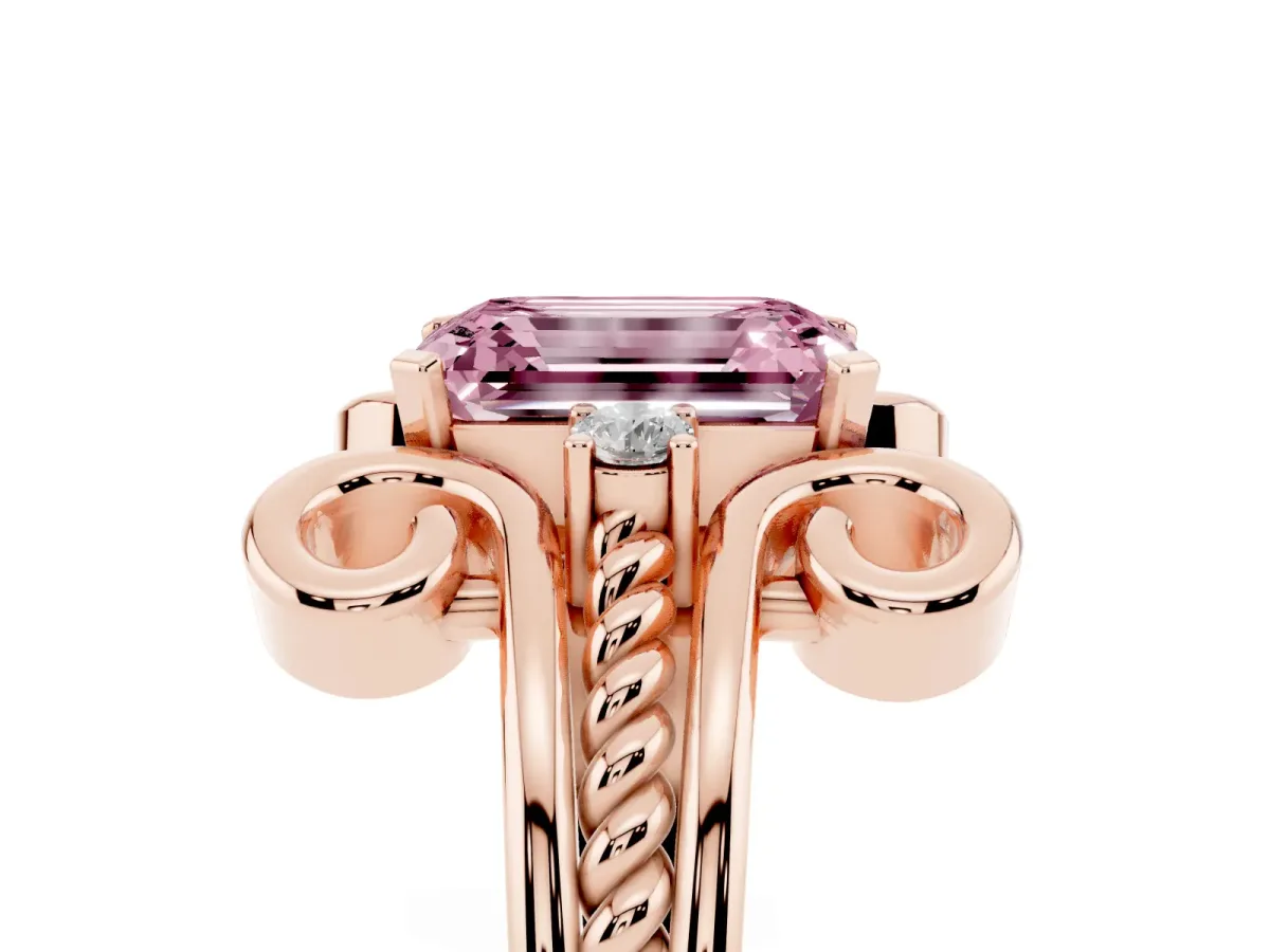 Fancy Pink Emerald Cut Solitaire Twisted Band Scroll Prong Ring Rose gold