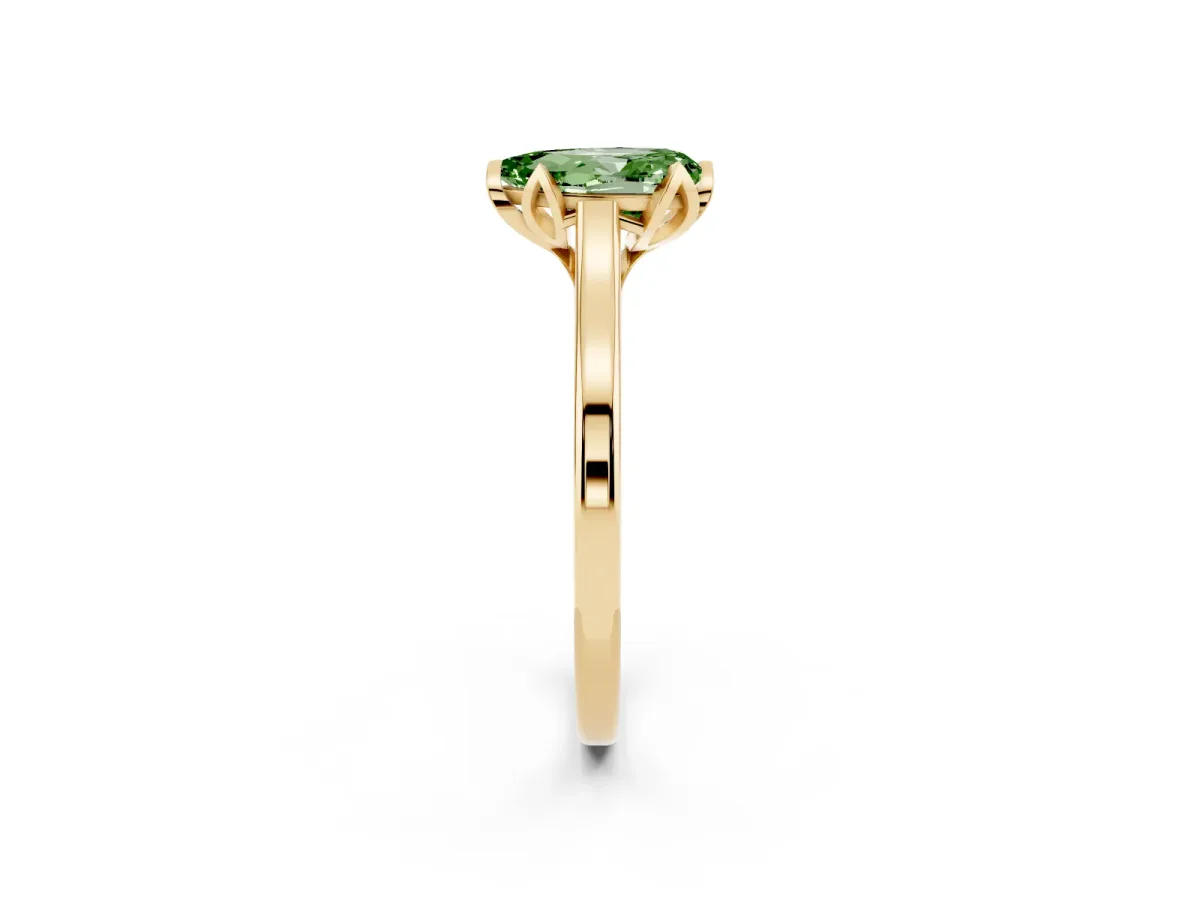 Fancy Green Pear Cut Diamond Solitaire Ring with Flower Prong Setting and Classic Band Yellow gold