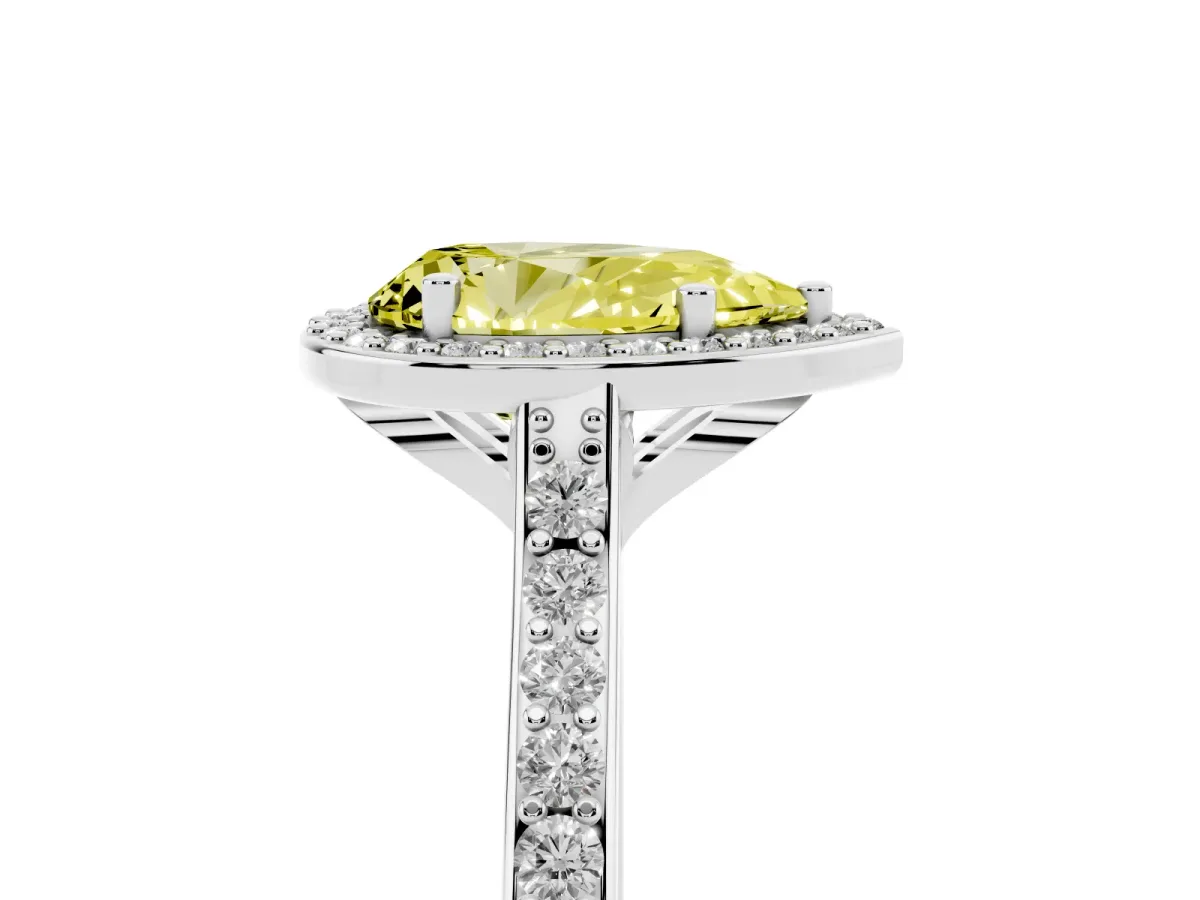 Fancy Yellow Pear Cut Diamond Halo Engagement Ring with Round Pavé Shoulders and Prong Setting White gold