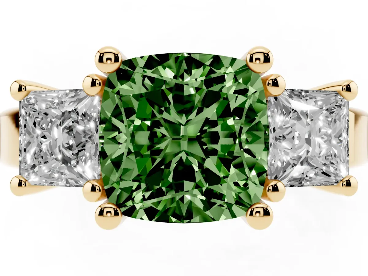 Fancy Green Three-Stone Cushion Cut Cut Solitaire Ring with Prong Setting Yellow gold