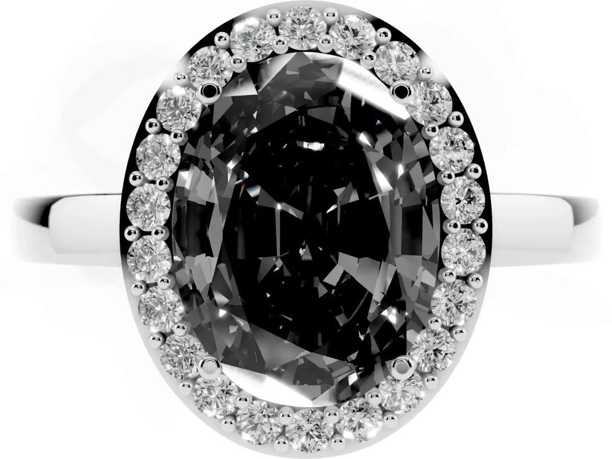 Fancy Black Oval Cut Halo Diamond Ring with Solitaire Band and Prong Setting Silver