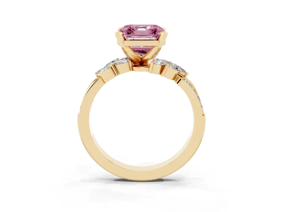Fancy Pink Asscher Cut Solitaire Marquise Twist Band with Six-Prong Setting Yellow gold