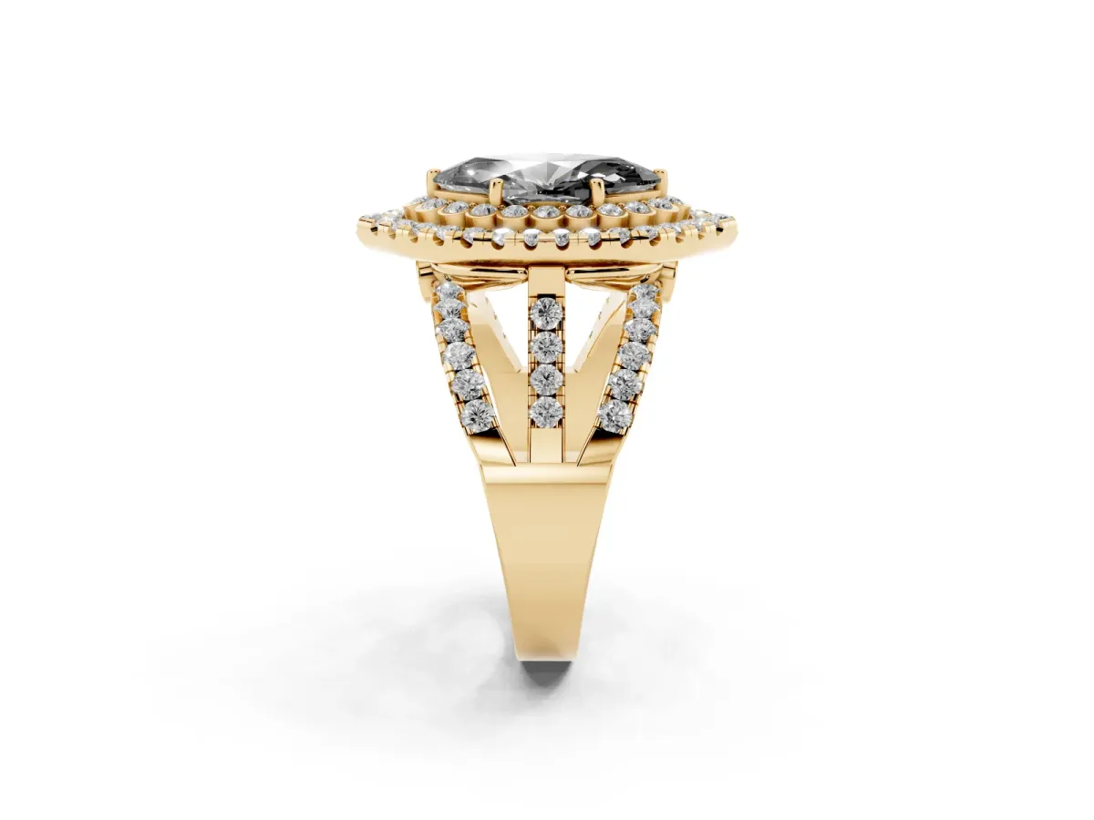 Fancy Black Marquise Cut Diamond Double Halo Ring with Round Pavé Split Shank and Prong Setting Yellow gold