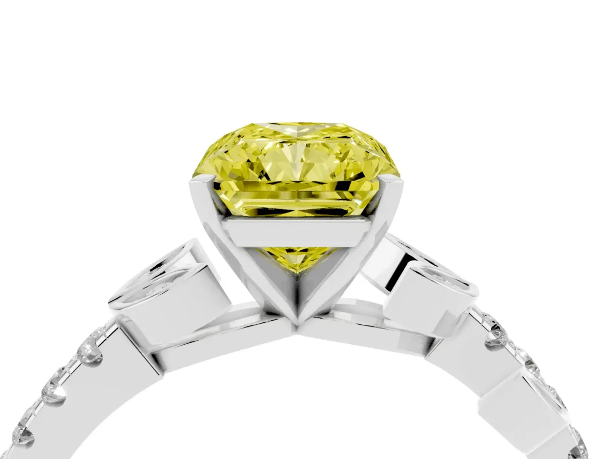 Fancy Yellow Radiant Cut Solitaire Leaf-Inspired Diamond Ring with Pavé Band and Four-Prong Setting Silver