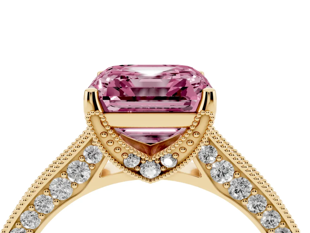 Fancy Pink Asscher Cut Cut Diamond Solitaire Ring with Milgrain Pave Band and Four Prong Setting Yellow gold