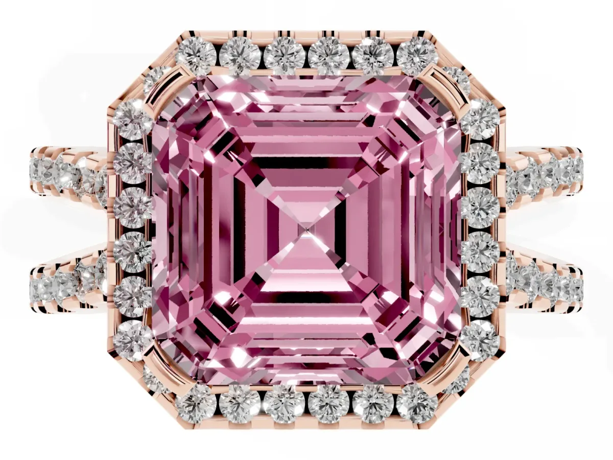Fancy Pink Asscher Cut Diamond Halo Ring with Split Shank Pavé Band and Prong Setting Rose gold