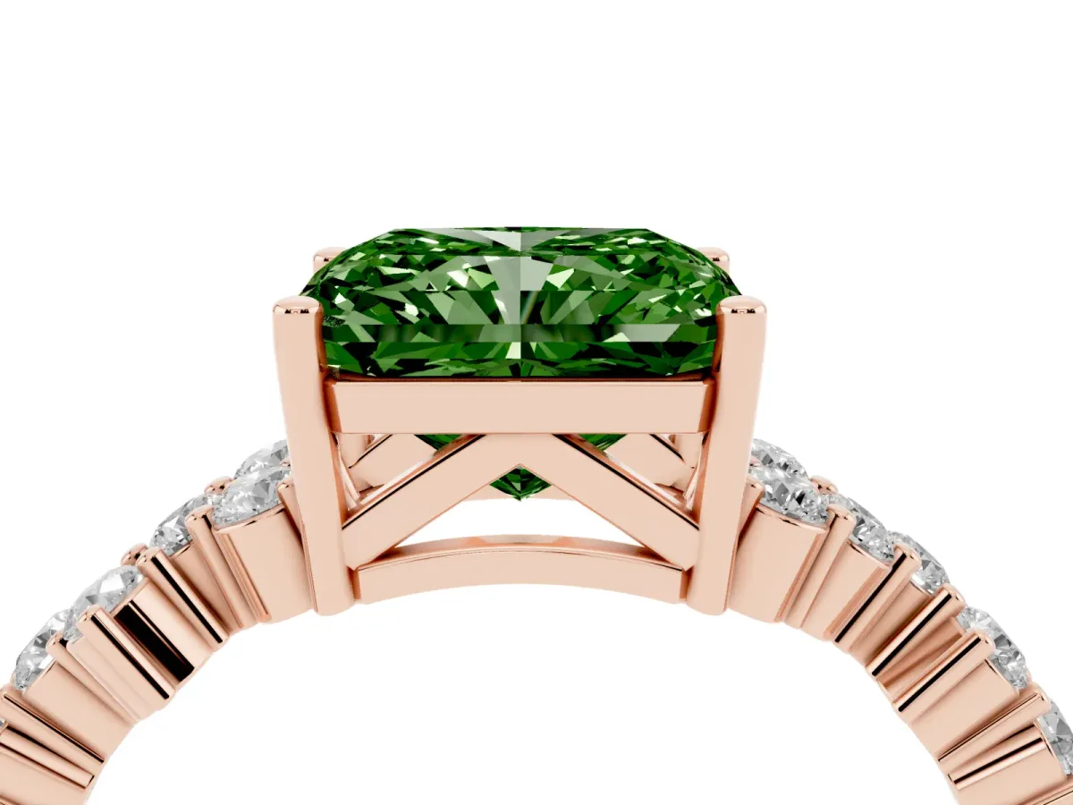 Fancy Green Radiant Cut Diamond Scattered Round Accent Ring with Prong Setting Rose gold