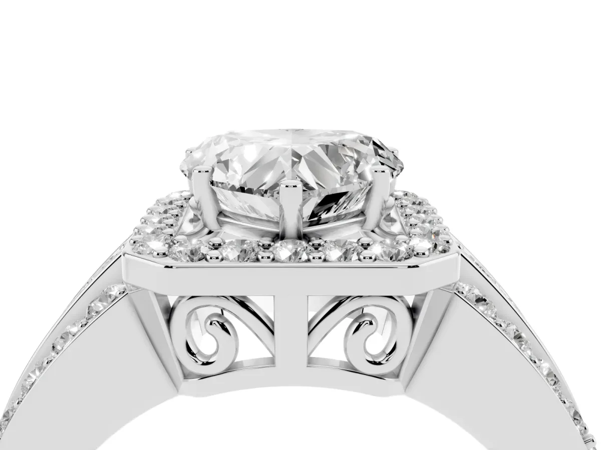 Heart Cut Halo Diamond Ring with Round Split Shank and Prong Setting Platinum