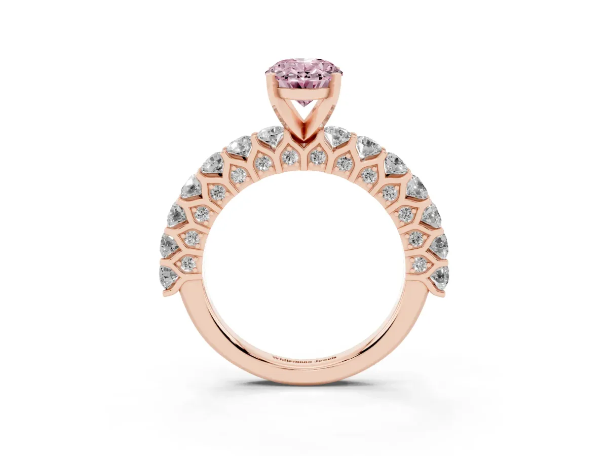 Fancy Pink Oval Cut Diamond Solitaire Ring with Shared Prong Pavé Band and Four-Prong Setting Rose gold