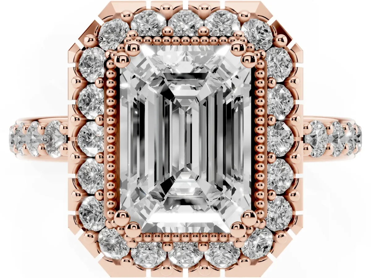 Emerald Cut Diamond Halo Ring with Pavé Band and Prong Setting Rose gold