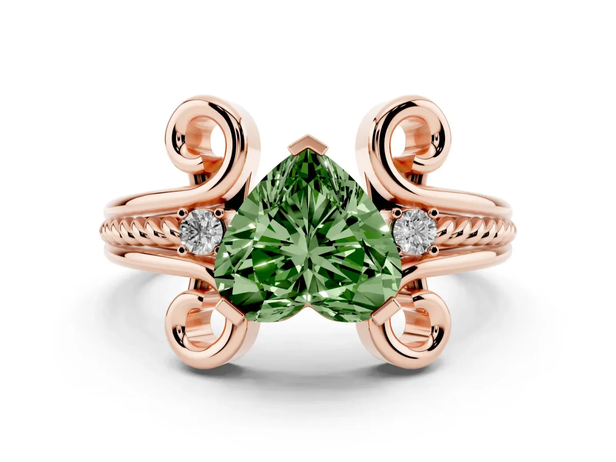 Fancy Green Heart Cut Solitaire Twisted Band Scroll Prong Ring Rose gold